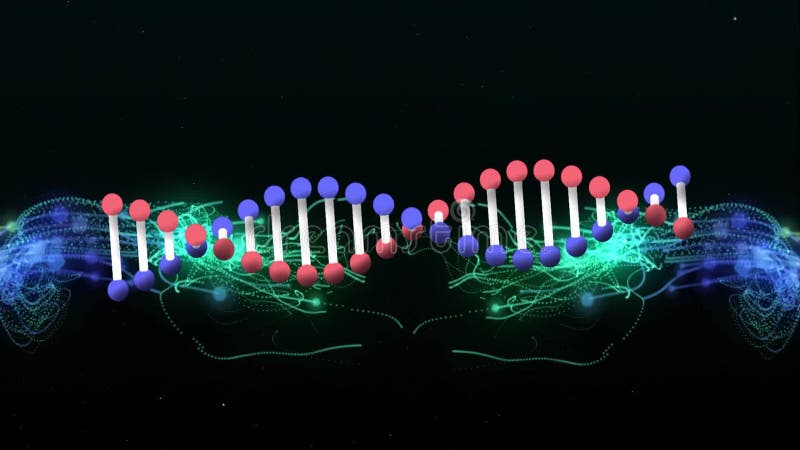 DNA double helix and data processing animation over dark background stock illustration