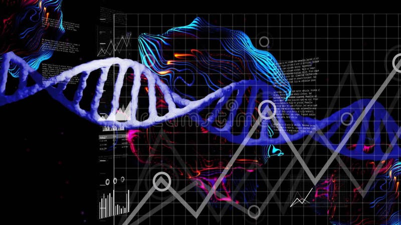 DNA double helix glowing and rotating in 3D render interface, with neon waveforms and data charts stock video footage
