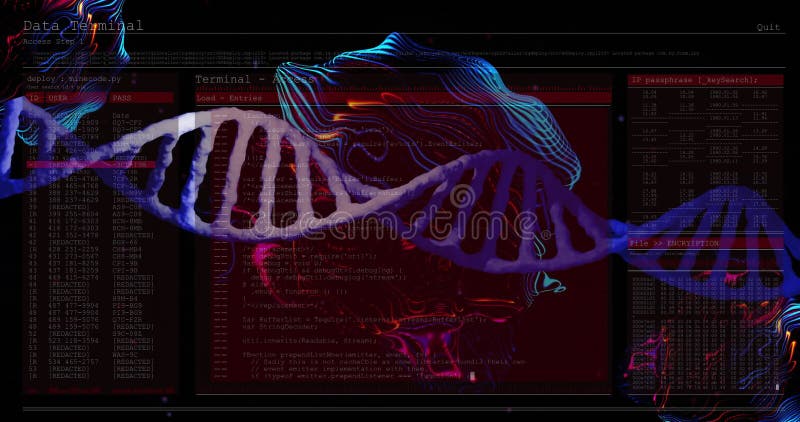 DNA double helix graphic swirling in scene, with neon code windows and encryption panel stock footage
