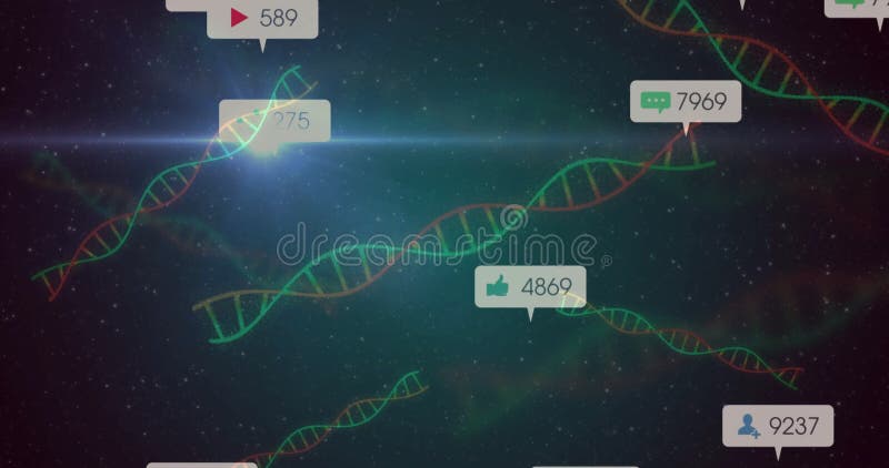 DNA double helix strands floating over cosmic starfield, displaying metric bubbles and lens flare stock footage