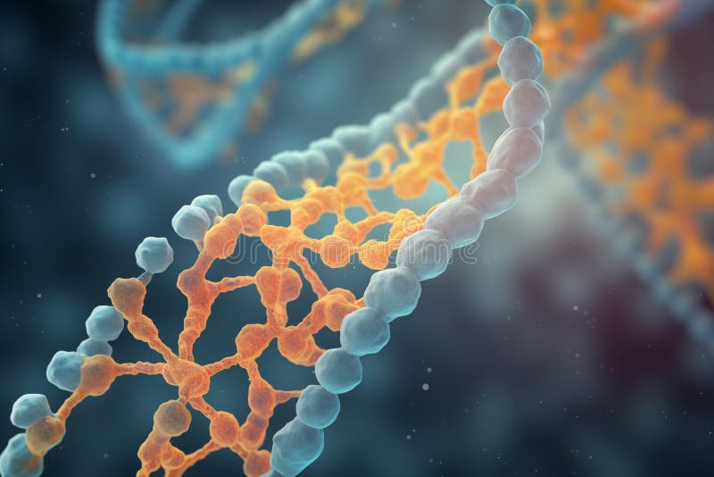 An illustration of DNA strands with proteins indicating the process of protein synthesis. An illustration of DNA strands with proteins indicating the process of protein synthesis