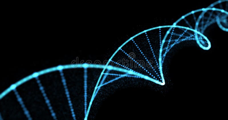 DNA-Helix, Genmolekül und genetische Chromosomenzelle, 3D-Spiralschleife Blaues Licht des menschlichen DNA-Moleküls auf schwarzem
