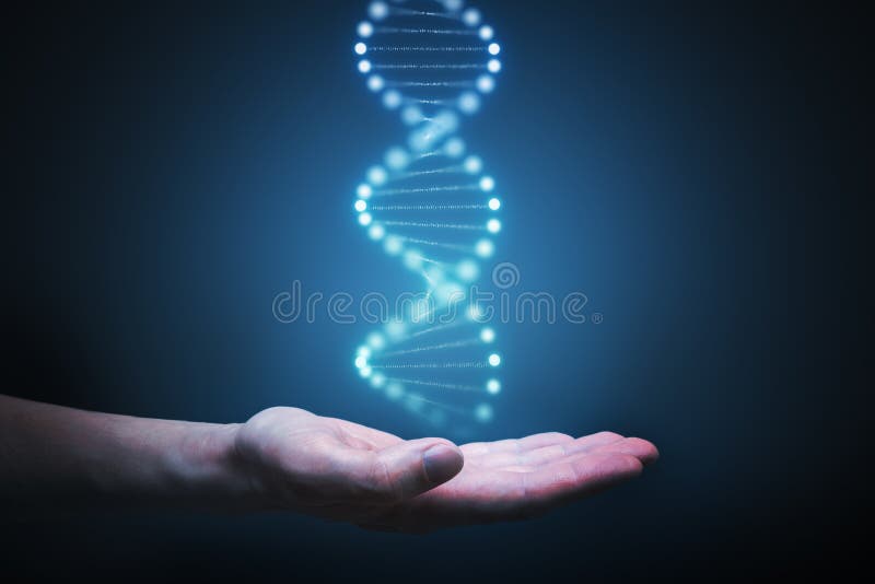 DNA and genetics research concept. Hand is holding glowing DNA molecule in hand. DNA and genetics research concept. Hand is holding glowing DNA molecule in hand.