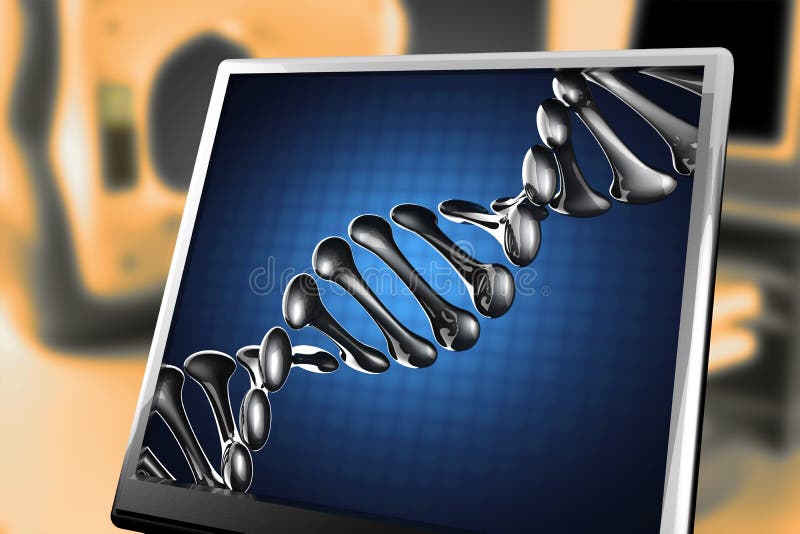 DNA-model op blauwe achtergrond bij monitor stock foto DNA-model op blauwe achtergrond bij monitor stock foto