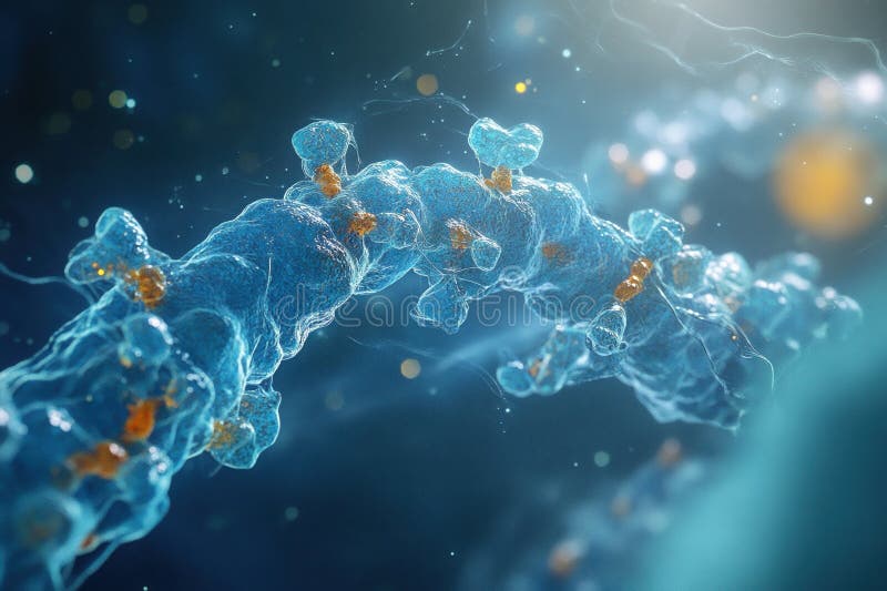 DNA molecule chain with blue structure and orange protein connections on scientific background. Biotechnology innovation and genetic research concept. Gene sequence stock images, royalty-free photos and pictures
