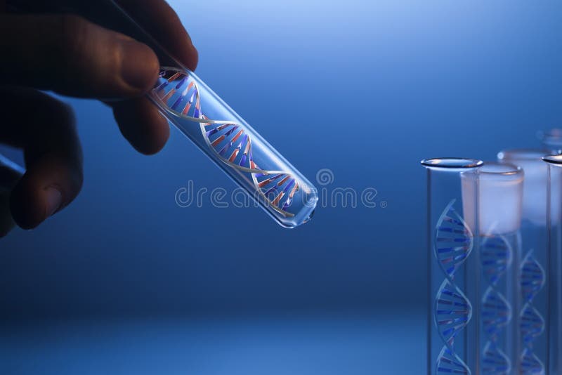 DNA molecule in glass tube in hand of scientist on blue