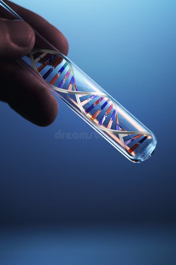 Dna molecule in test tube on blue background