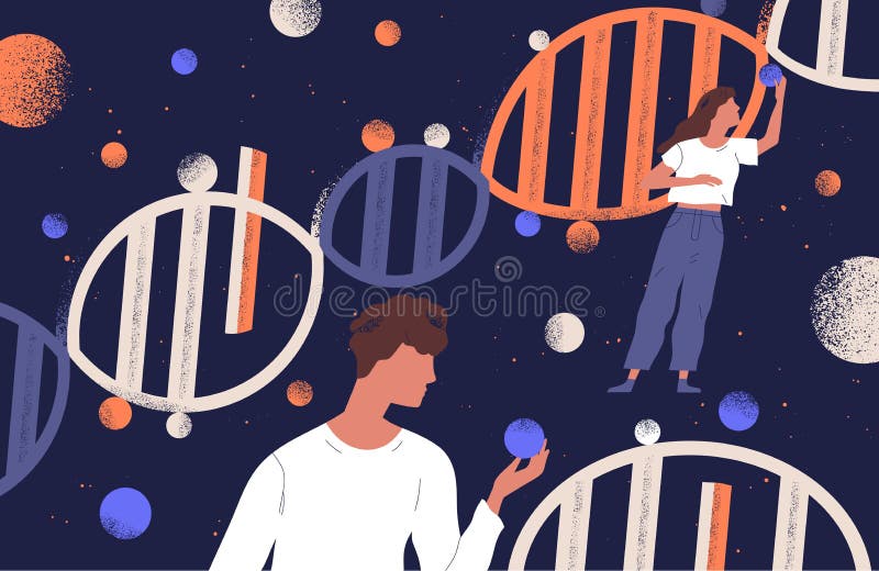 DNA molekuły, mężczyzna i kobiety trzyma geny, Pojęcie badanie naukowe w rodowód genetyce, genomics, genom ilustracji DNA molekuły, mężczyzna i kobiety trzyma geny, Pojęcie badanie naukowe w rodowód genetyce, genomics, genom ilustracji