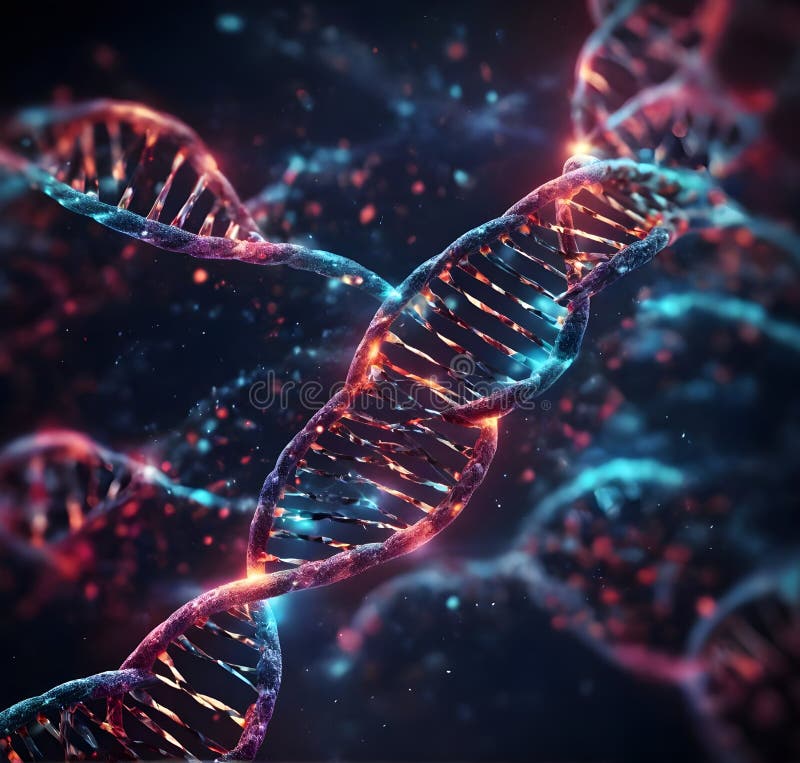 Dna strand double helix entrelacé avec des éléments d'ai numérique joli zoom en vue
