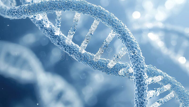 A detailed view of a DNA strand highlighting its double helix structure against a blue background. The illustration emphasizes the molecular components and scientific significance. Code division stock images, royalty-free photos and pictures