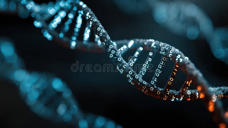Complex DNA strands transition into binary code, illustrating the integration of genetics and artificial intelligence in technology. Artificial intelligence genomic sequencing stock images, royalty-free photos and pictures