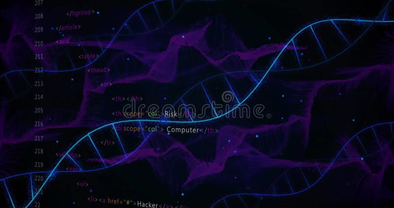 DNA Strands and HTML Code Over Digital Data Visualization Stock ...