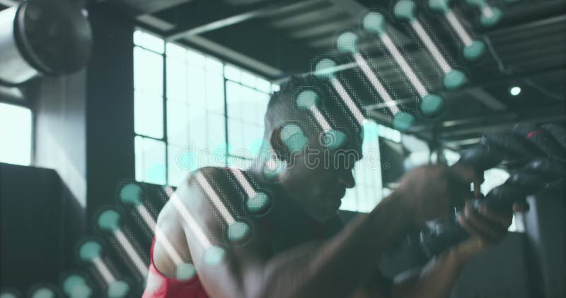 Dna structure spinning against african american man performing battle rope exercise stock photos