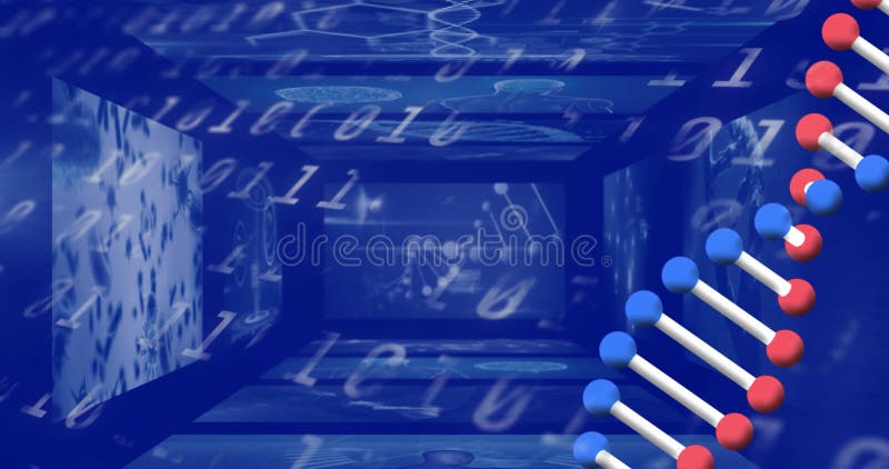 Dna structure spinning over screens on medical data processing against binary coding. medical research and technology concept
