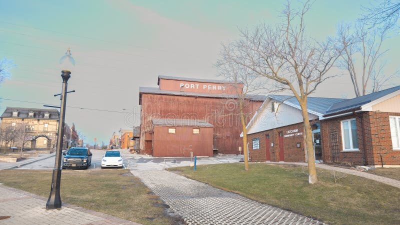 View of Port Perry, Ontario, featuring a prominent red wooden structure with 