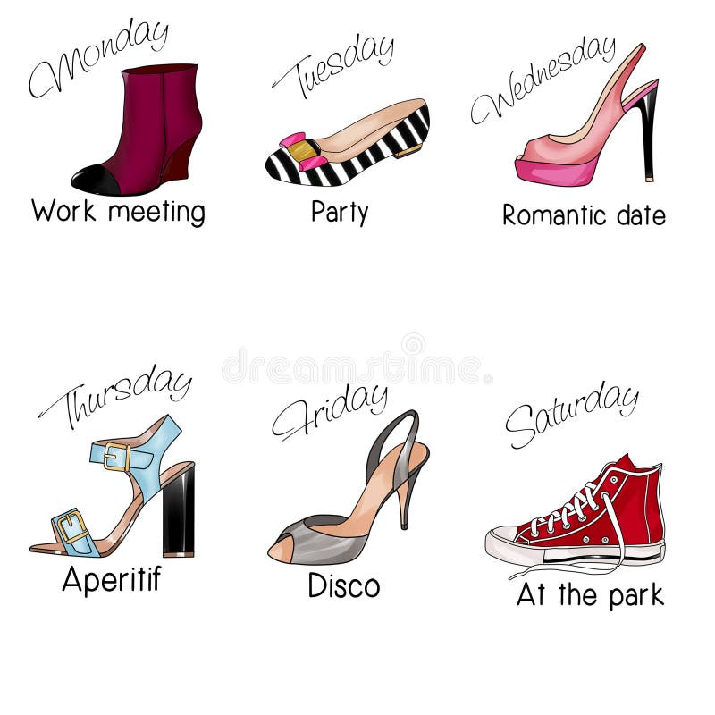 Dni tygodnia i różni typ buty ilustracji