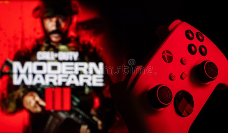 Dnipro ukraine 28 september 2023 : Den robotstyrda vita styrenheten i xbox-serien med tjänstens moderna krigföring i spelet arkivbild