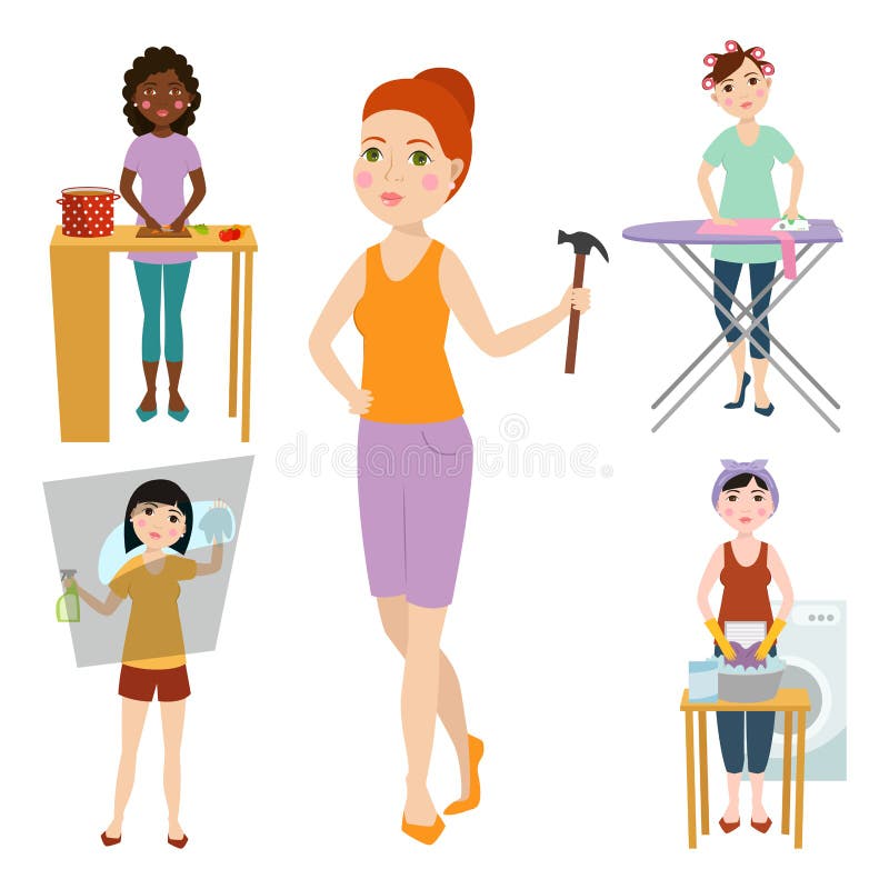 Do housewifery bonito da menina dos desenhos animados da limpeza da mulher do homemaker de Housewifes ilustração fêmea do vetor d ilustração do vetor Do housewifery bonito da menina dos desenhos animados da limpeza da mulher do homemaker de Housewifes ilustração fêmea do vetor d ilustração do vetor