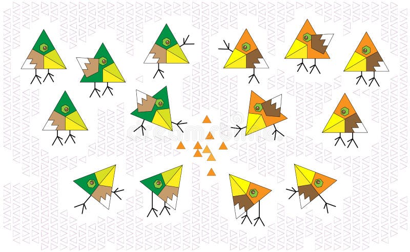 Do mosaico ajustado dos triângulos do sumário pássaros bonitos e setas dos sinais Vetor Desenhos animados multicoloridos Um crian ilustração stock Do mosaico ajustado dos triângulos do sumário pássaros bonitos e setas dos sinais Vetor Desenhos animados multicoloridos Um crian ilustração stock