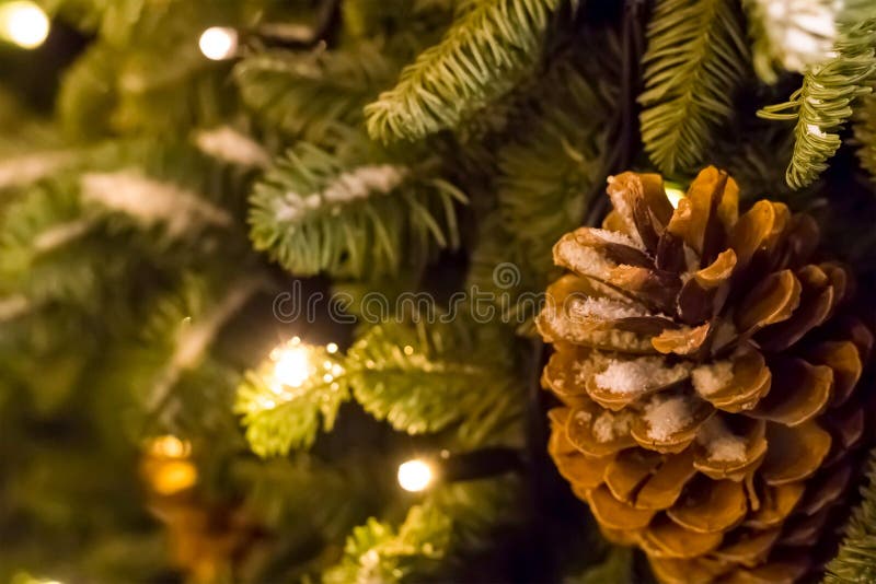 Do Natal festivo da decoração da neve do cone do pinho close-up de incandescência da festão, Feliz Natal baixo do cartão fotos de stock royalty free Do Natal festivo da decoração da neve do cone do pinho close-up de incandescência da festão, Feliz Natal baixo do cartão fotos de stock royalty free