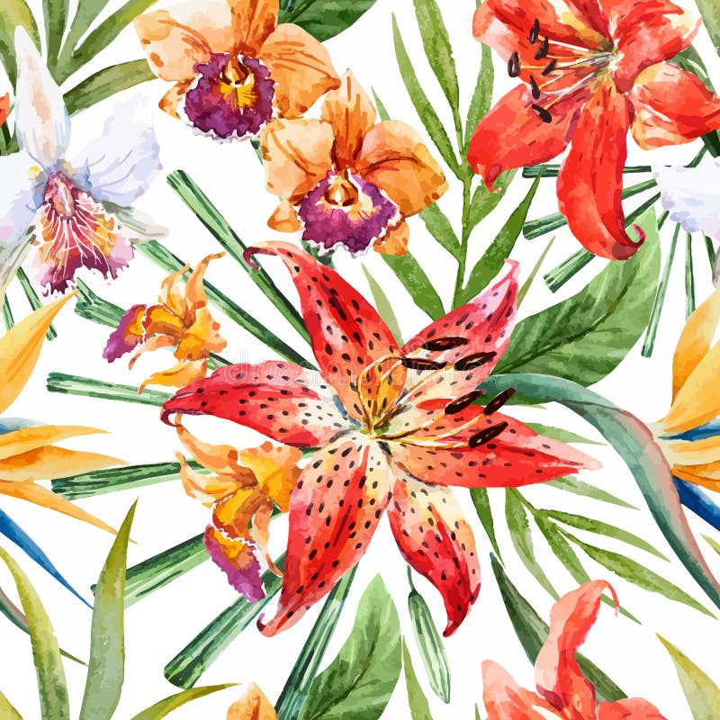 Do vetor da aquarela teste padrão tropical lilly ilustração stock Do vetor da aquarela teste padrão tropical lilly ilustração stock