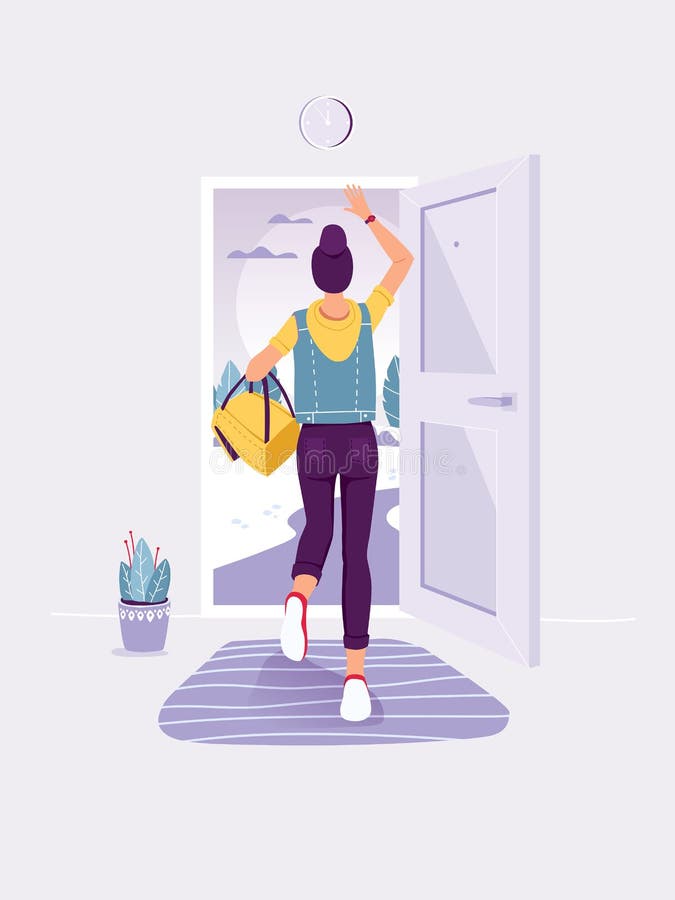 Doamna care stă la ușă. Wooman alergând spre ușa deschisă. concept de ieșire și evacuare. ilustrare vectorială plată în trendy. stock illustration