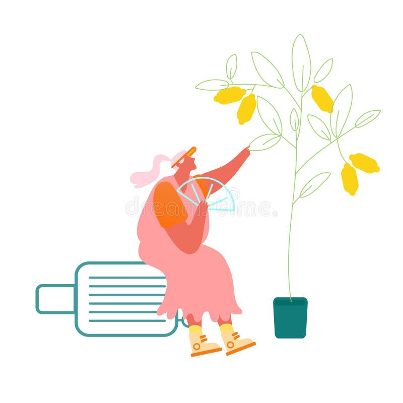 Doamna cea mare care stă în valiza sub un ventilator cu lămâie, izolată pe fond alb. femeie bătrână care călătorește vector illustration