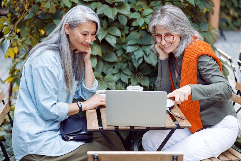 Doamnă cu părul gri cu un prieten asiatic care navighează pe un laptop pe terasa cafenelei în aer liber stock photos