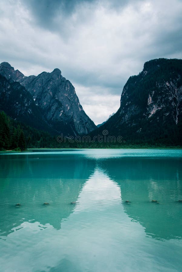 Dobbiaco Lake in the Dolomites Alps, Italy.