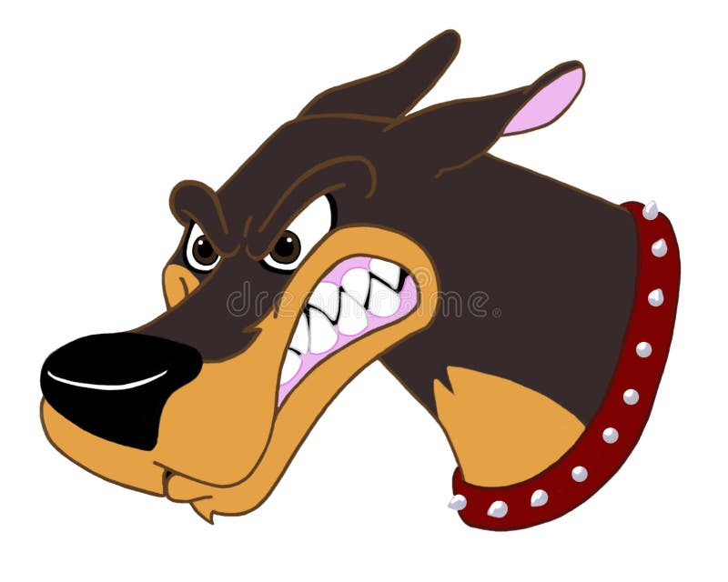 Hand drawn,computer colored cartoon image of growling doberman. Growling dog illustrations