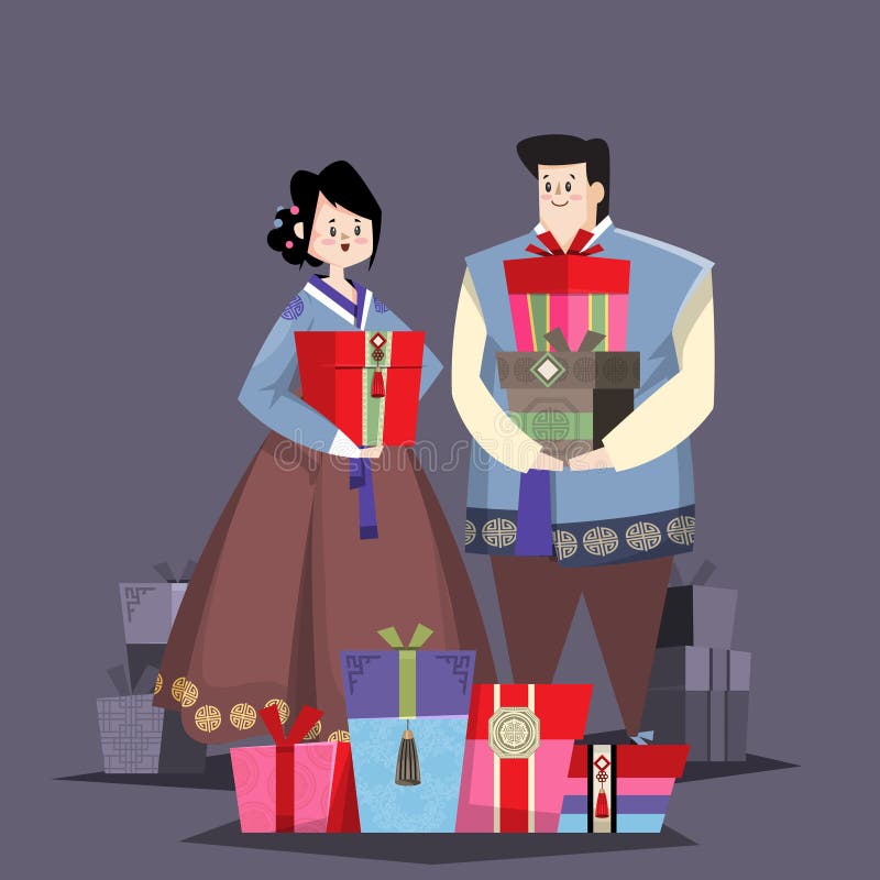 Dobiera się w Koreańskim tradycyjnym kostiumu z wakacyjnymi prezentami ilustracja wektor Dobiera się w Koreańskim tradycyjnym kostiumu z wakacyjnymi prezentami ilustracja wektor