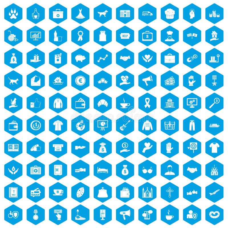 100 charity icons set in blue hexagon isolated vector illustration. 100 charity icons set in blue hexagon isolated vector illustration