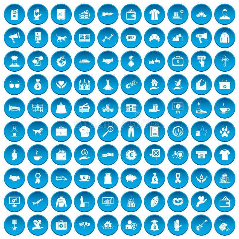 100 charity icons set in blue circle isolated on white vector illustration. 100 charity icons set in blue circle isolated on white vector illustration