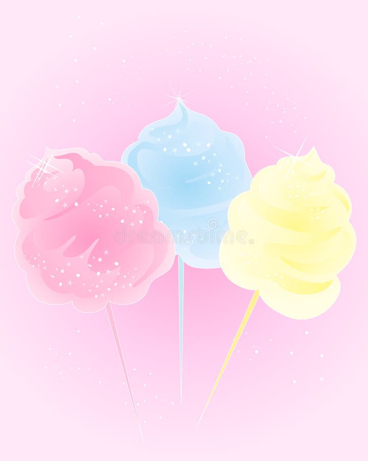 An illustration of colorful cotton candy in pink blue and yellowwith sparkles and room for text on a pink background. An illustration of colorful cotton candy in pink blue and yellowwith sparkles and room for text on a pink background