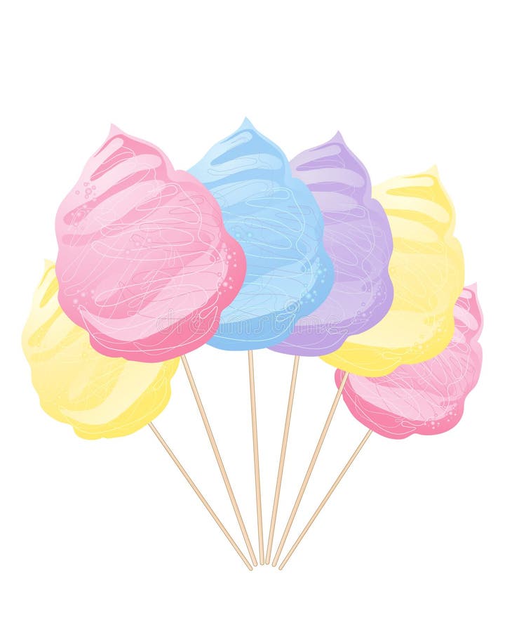 An abstract illustration of a row of colorful blue yellow pink and purple cotton candy on sticks isolated on a white background. An abstract illustration of a row of colorful blue yellow pink and purple cotton candy on sticks isolated on a white background