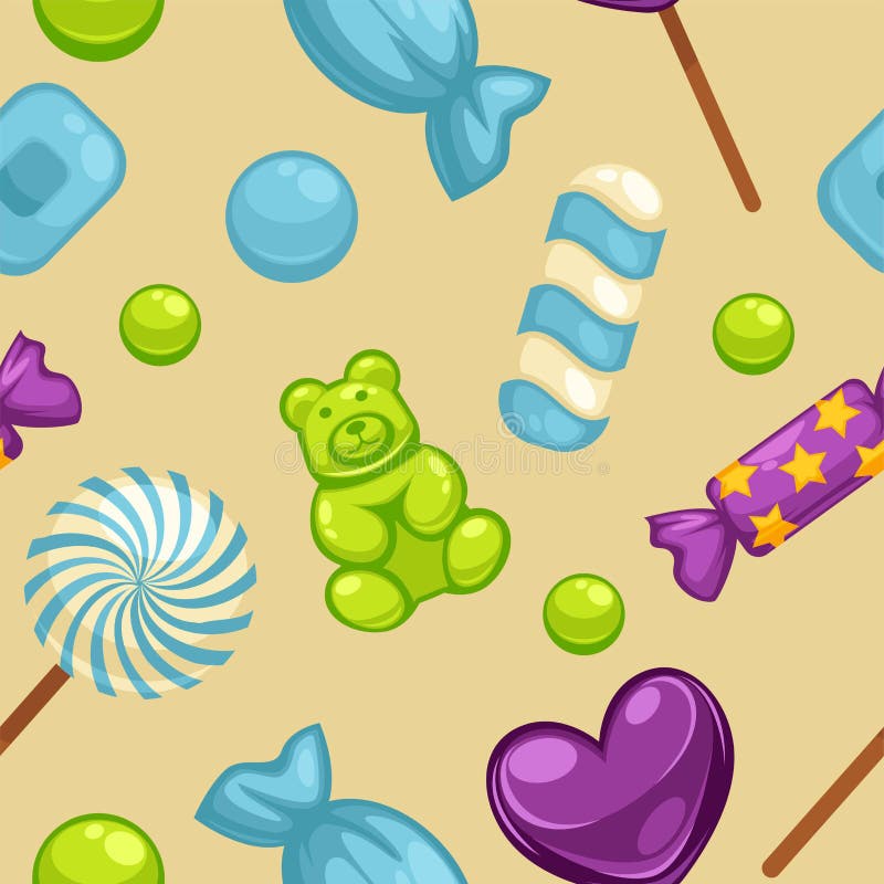 Doces doces deliciosos nas tampas e em pirulitos brilhantes na forma de corações bonitos, bastão listrado e peluche pequena em se ilustração do vetor Doces doces deliciosos nas tampas e em pirulitos brilhantes na forma de corações bonitos, bastão listrado e peluche pequena em se ilustração do vetor
