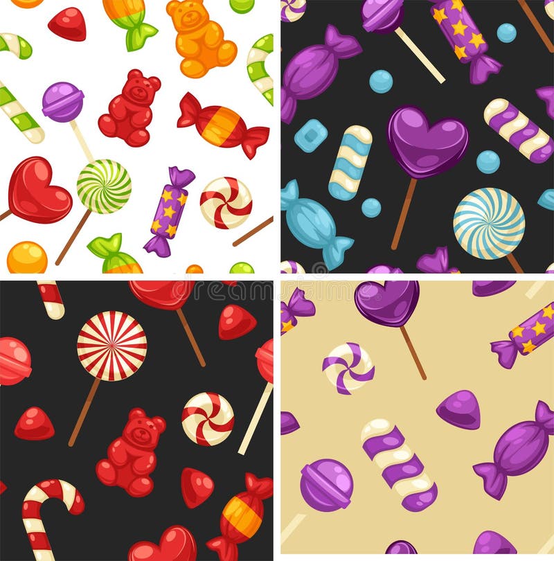 Doces doces deliciosos nas tampas e em pirulitos brilhantes na forma de corações bonitos, bastão listrado e peluche pequena em se ilustração royalty free Doces doces deliciosos nas tampas e em pirulitos brilhantes na forma de corações bonitos, bastão listrado e peluche pequena em se ilustração royalty free