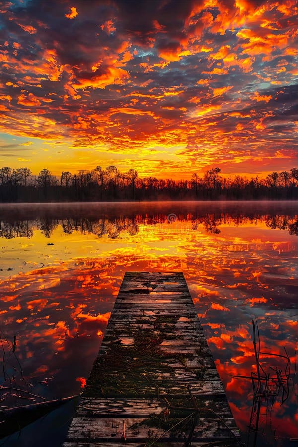 Un doc în mijlocul unui lac cu un apus frumos royalty free stock photos