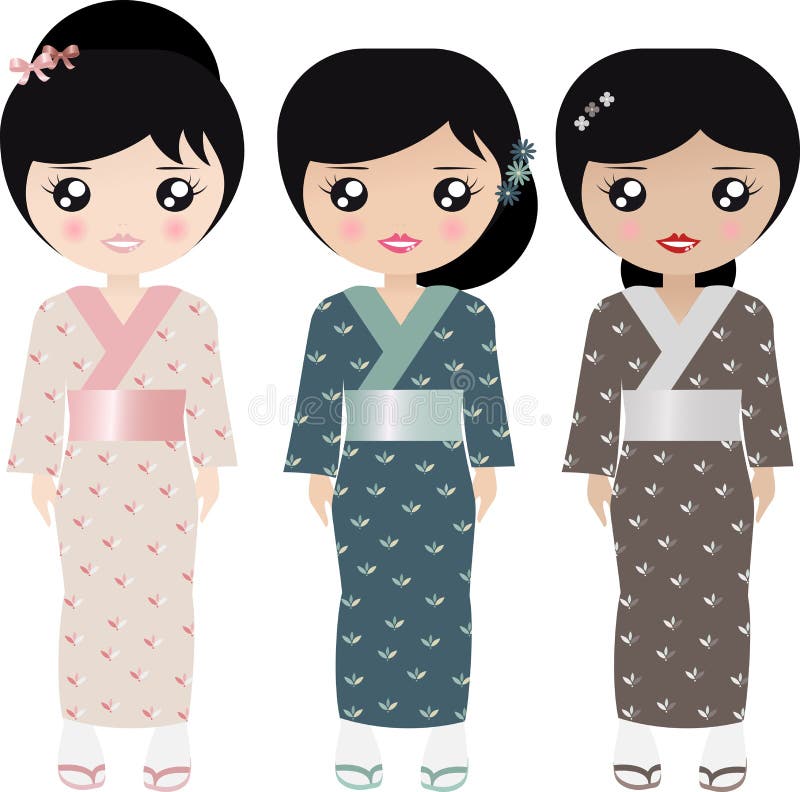 Set Of Three Japanese Paper Doll Women In Pink, Blue And Brown Kimonos And Slippers. Set Of Three Japanese Paper Doll Women In Pink, Blue And Brown Kimonos And Slippers