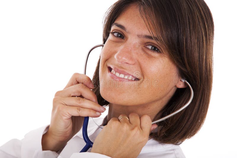 Friendly woman doctor smiling to you (isolated on white). Friendly woman doctor smiling to you (isolated on white)