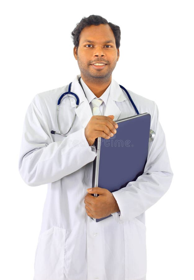 Docteur d'African-american, retenant l'ordinateur portatif images libres de droits Docteur d'African-american, retenant l'ordinateur portatif images libres de droits