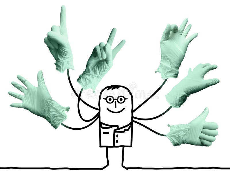 Docteur de bande dessinée avec les signes multi de mains illustration de vecteur Docteur de bande dessinée avec les signes multi de mains illustration de vecteur