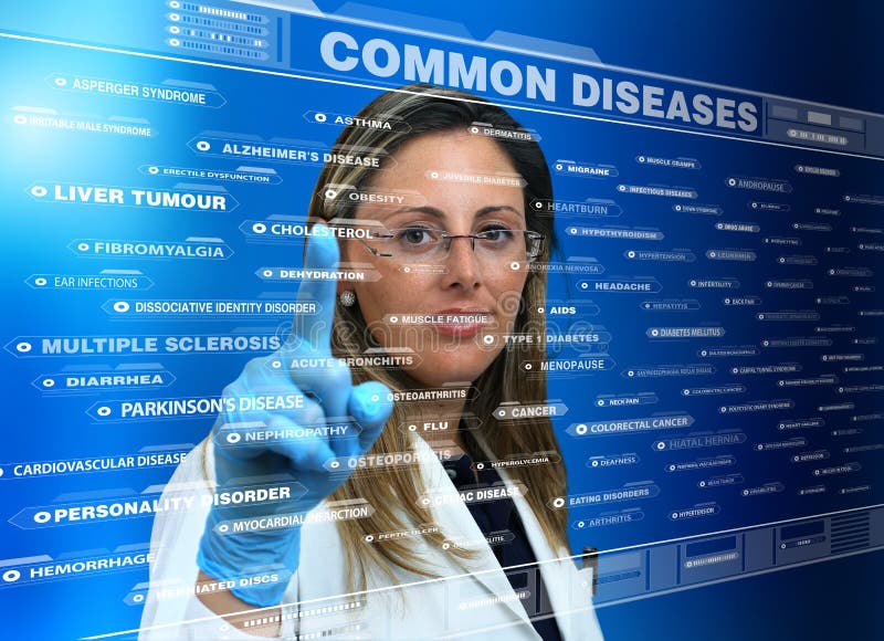 Docteur de femme employant une interface virtuelle d'écran tactile avec une liste photo stock Docteur de femme employant une interface virtuelle d'écran tactile avec une liste photo stock
