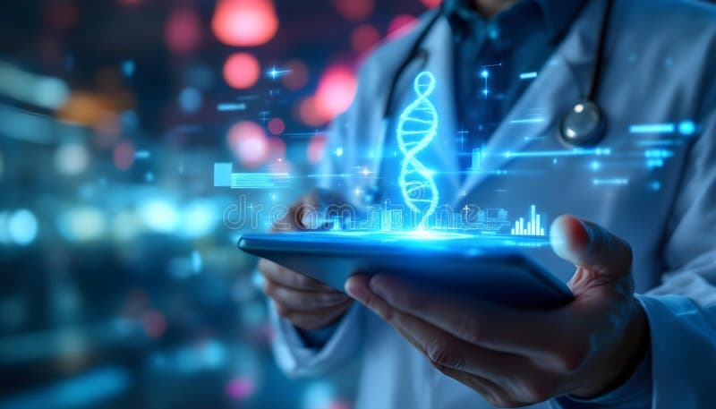 Docteur futuriste avec Hologramme ADN sur Tablet44 illustration de vecteur