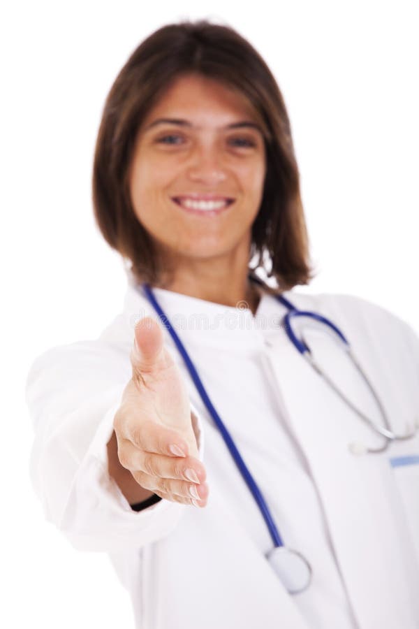 Friendly woman doctor smiling to you (isolated on white). Friendly woman doctor smiling to you (isolated on white)