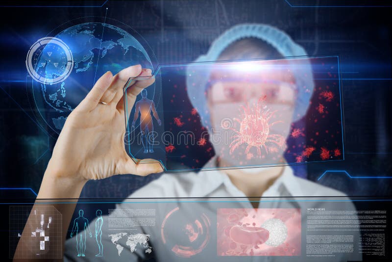 Docteur féminin avec le comprimé futuriste d'écran de hud Bactéries, virus, microbe Concept médical de l'avenir
