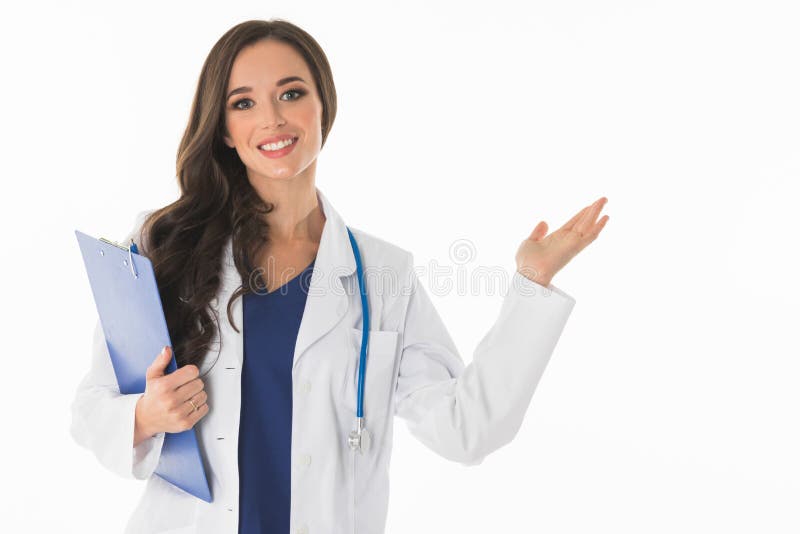 Docteur féminin montrant le secteur vide photographie stock Docteur féminin montrant le secteur vide photographie stock