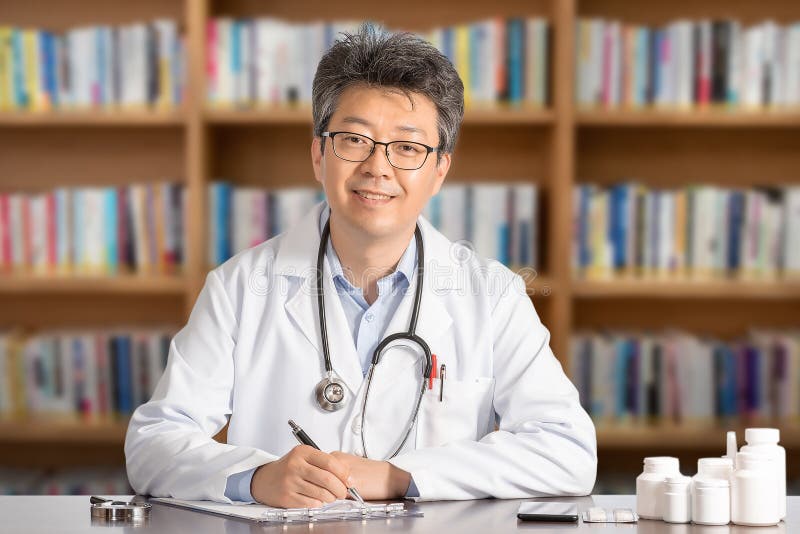 Docteur masculin asiatique s'asseyant au sourire de bureau images stock Docteur masculin asiatique s'asseyant au sourire de bureau images stock