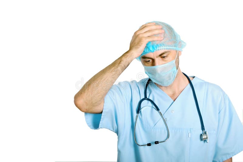 Sad doctor with mask over white background. Sad doctor with mask over white background