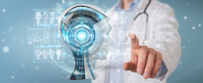Doctor using digital artificial intelligence interface 3D render royalty free illustration